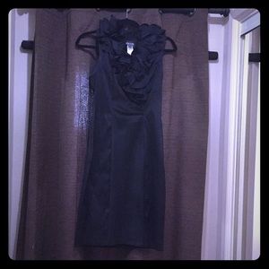 Xscape Ruffle neck mid length little black dress